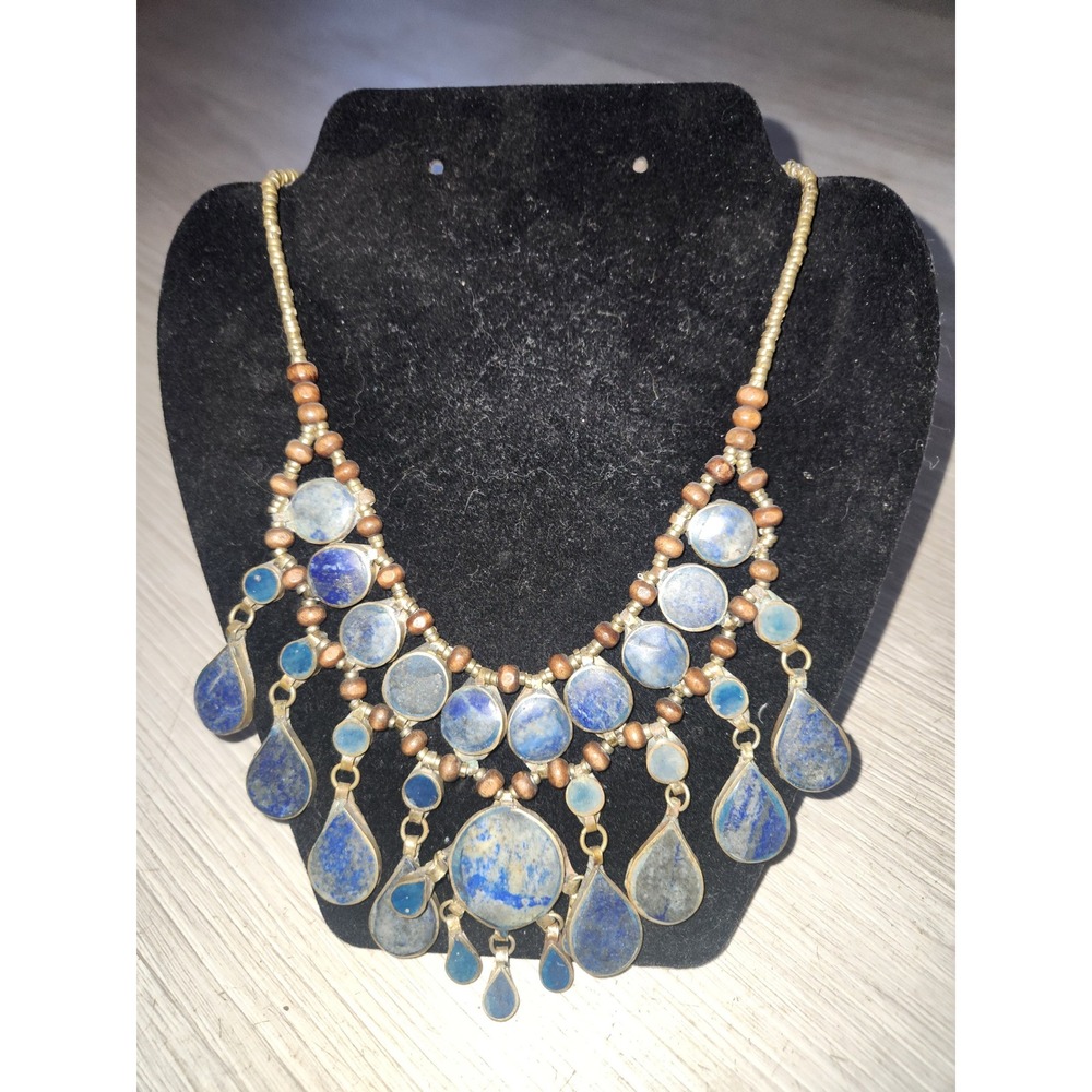Vintage Lapis Lazuli Blue Stone Bib Statement Necklace Gold Tone Wood Beads 18in